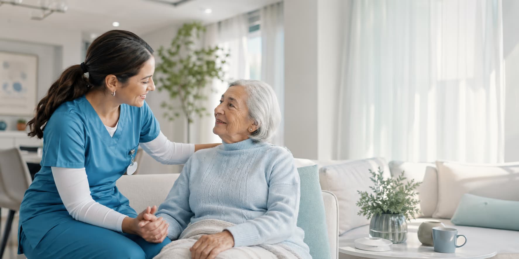 A nurse providing home care to an older woman in a calm home