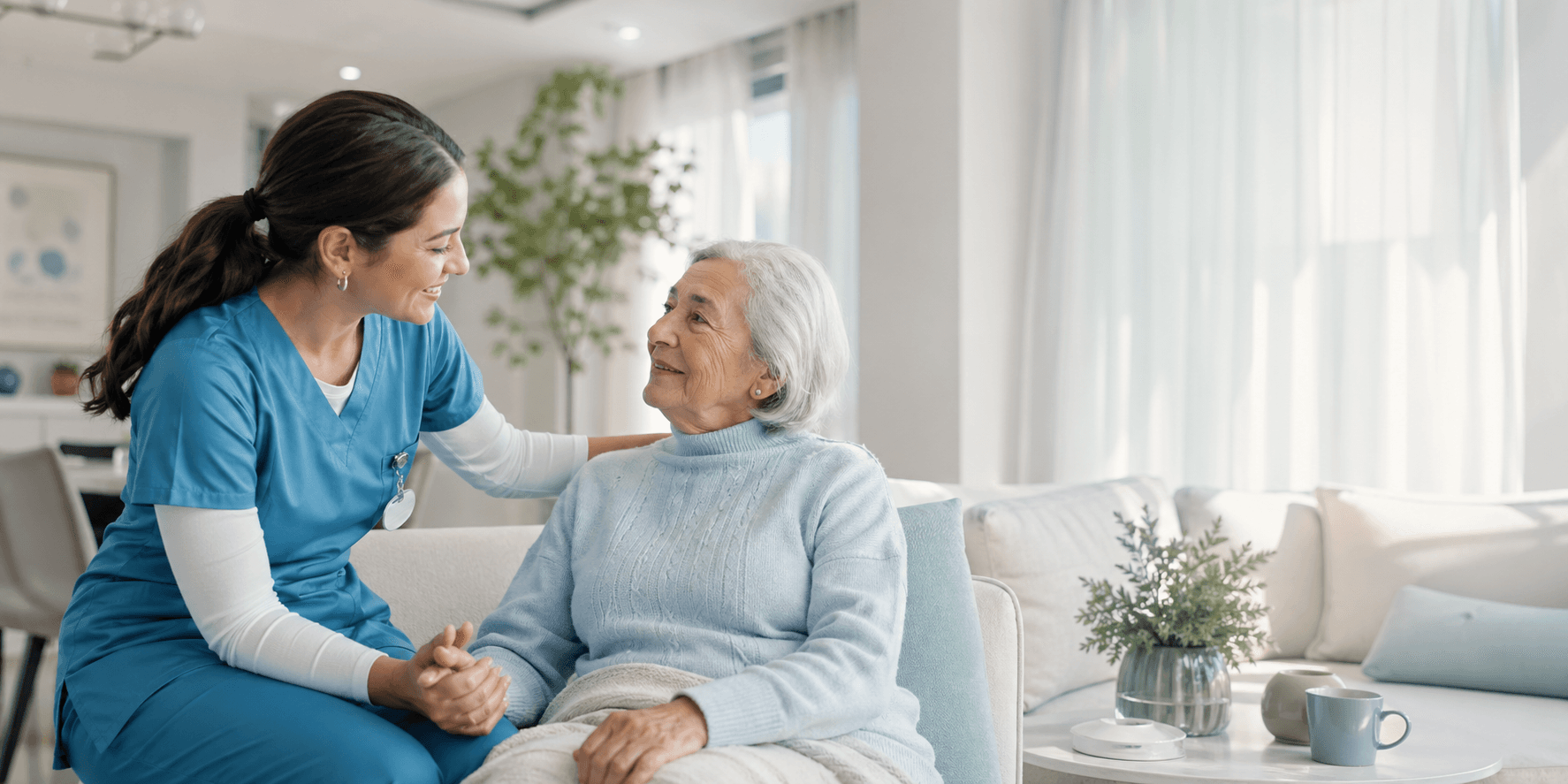 ممرضة تقدم رعاية منزلية لكبيرة سن في منزل هادئ
