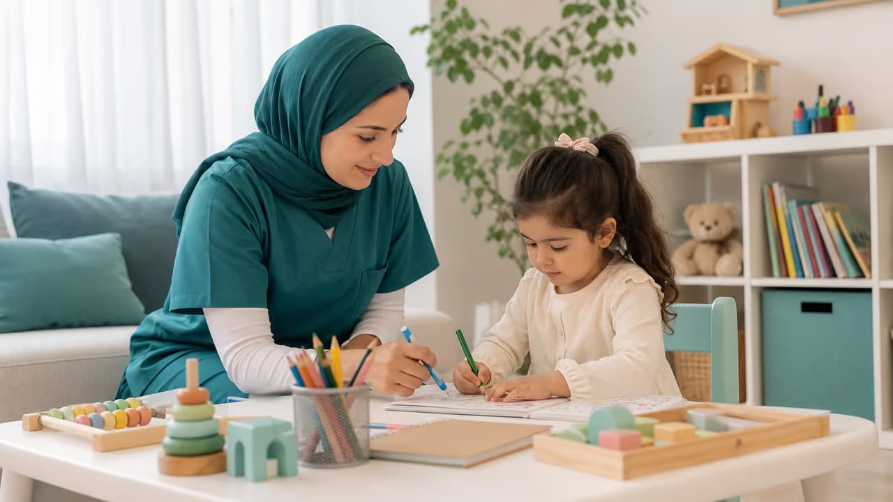 Trained caregiver supervising a child in a home play and study area