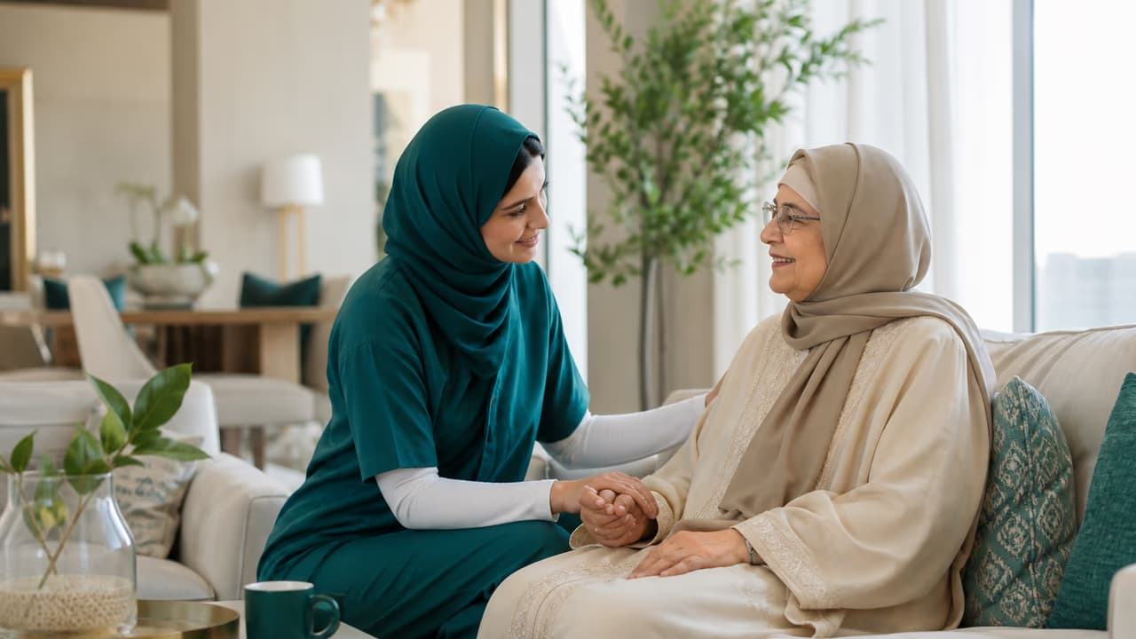 Professional caregiver supporting an elderly woman at home