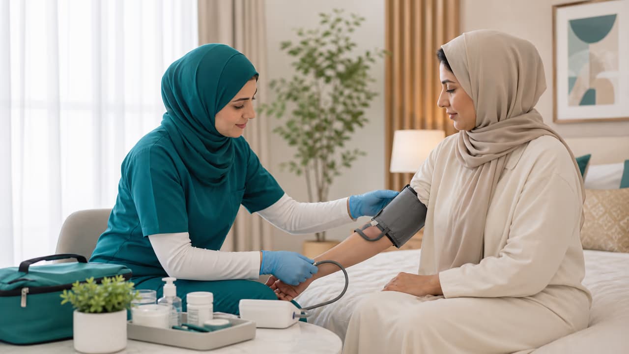 Home nurse measuring vital signs during a calm in-home nursing visit