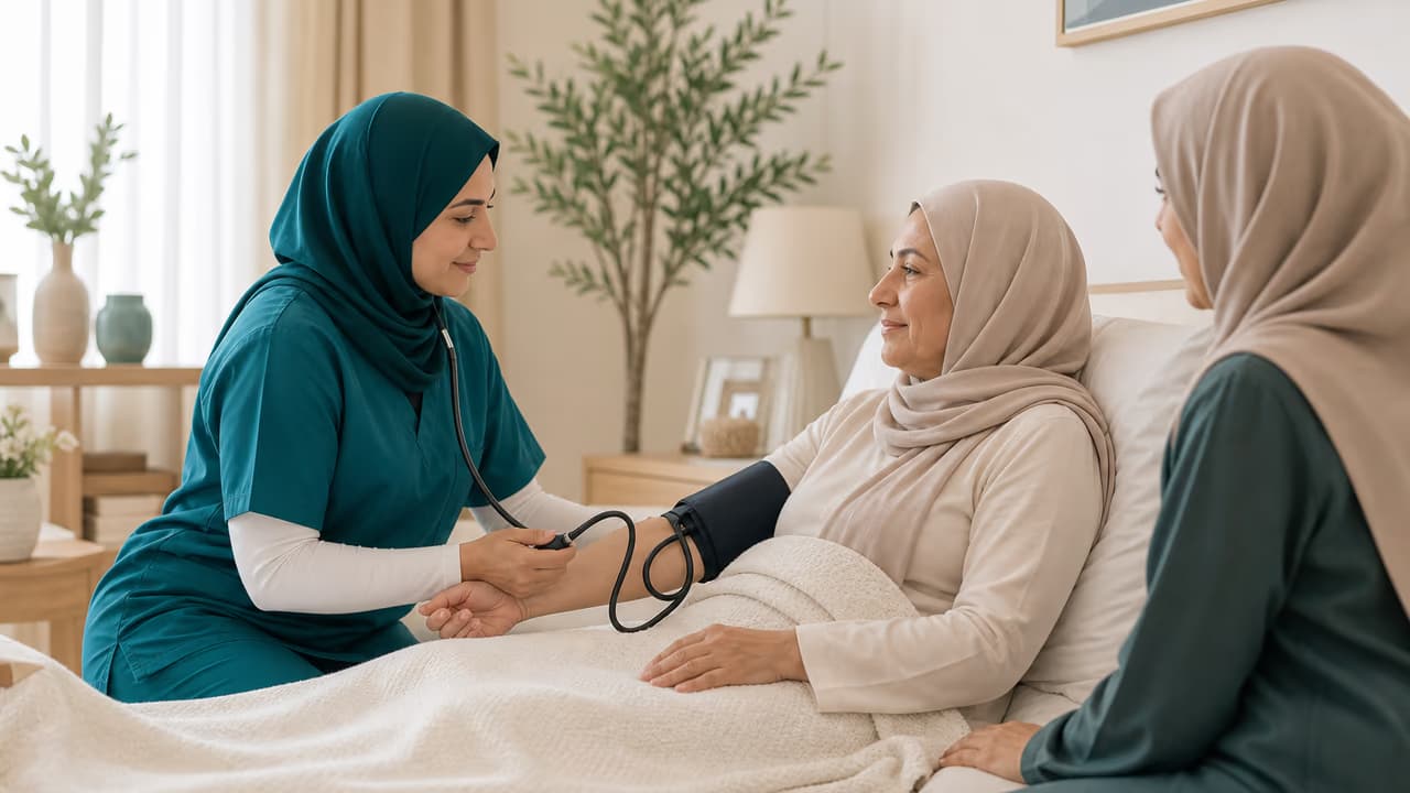 Home care professional checking on a patient recovering at home